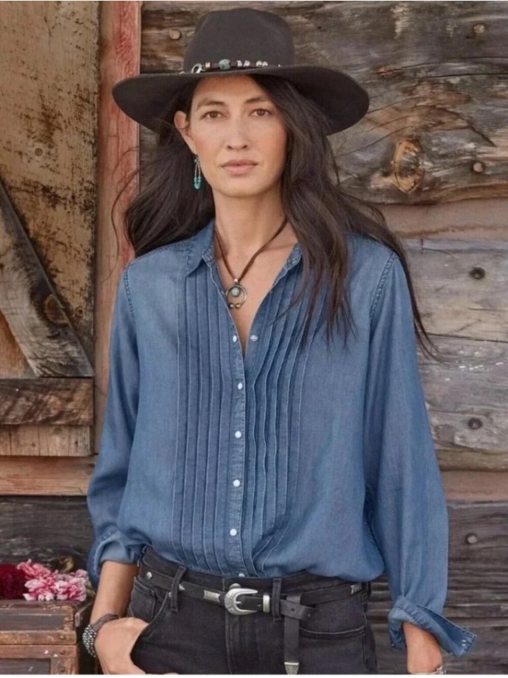Sundance Tessa Chambray Shirt Small Pearl Snap Pintuck Western Tencel Boho